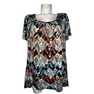 ALYX Woman Geometric Abstract Print Scoop Neck Blouse Short Sleeve Plus Size 1X